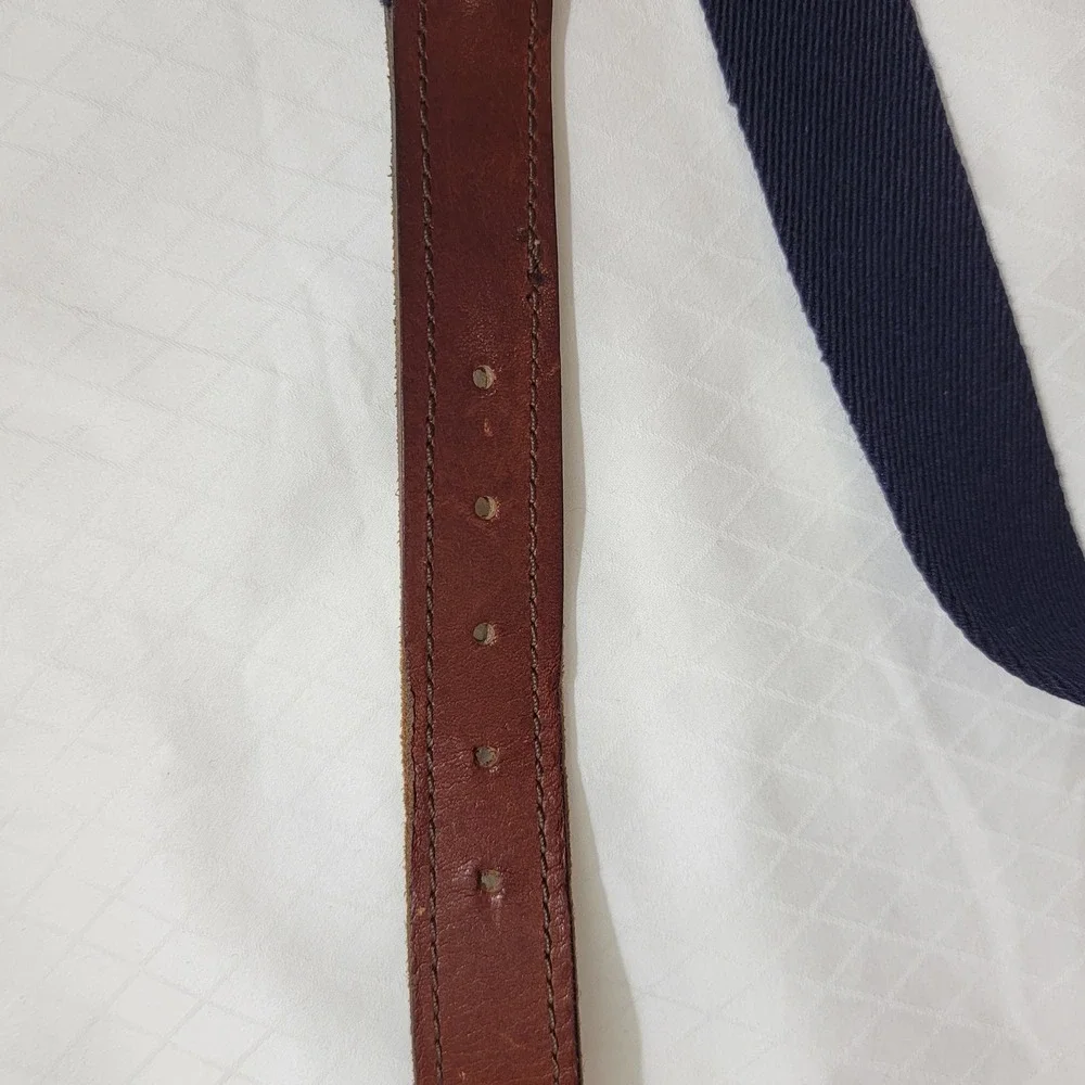 Mens Navy Burgundy Striped Wool Surcingle Belt Leather Solid Brass Buckle Sz 34